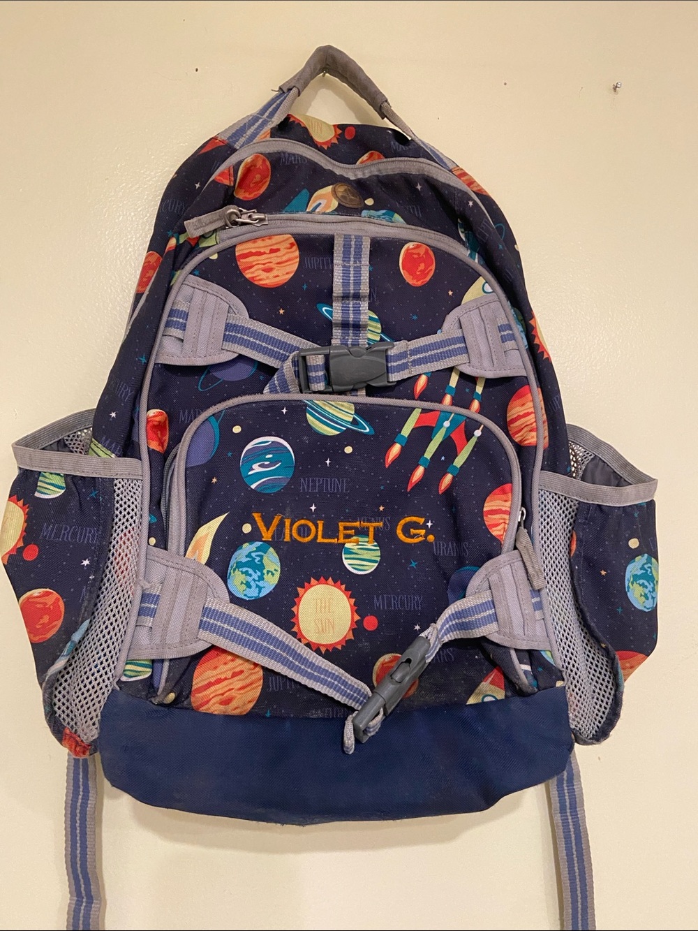 Pottery Barn Kids backpack outer space embroidered Violet GUC